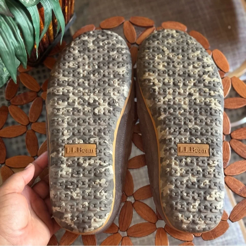 L.L. BEAN  Perforated Brown Suede Flannel Lined Camo Sole Mountain Slippers 14M